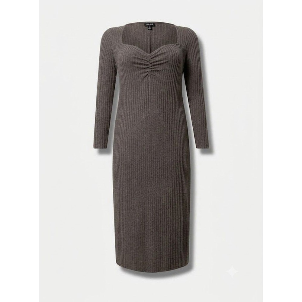 Torrid Tea Length Hacci Rib Long Sleeve Column Dress Deep Taupe 1X
